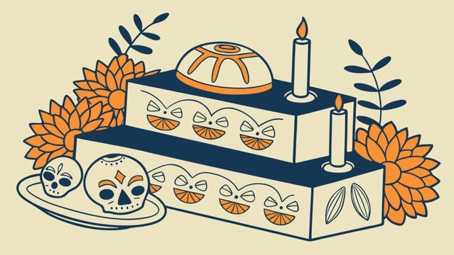Traditional Day of the Dead altar with marigold flowers sugar skulls bread and burning candles Dia de los Muertos celebration concept editorial style vector illustration