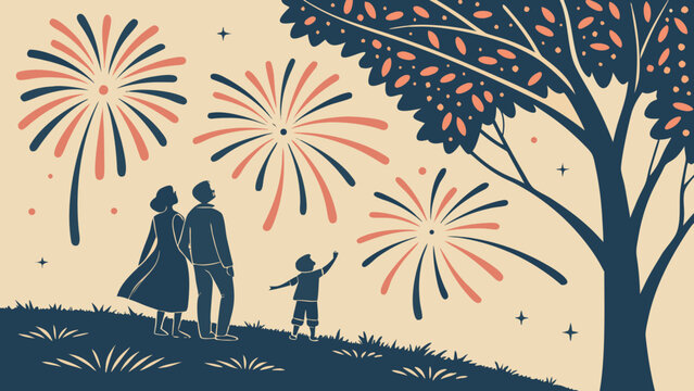 Family with child watching colourful fireworks in night sky near tree Bonfire Night celebration fireworks night concept editorial style vector illustration