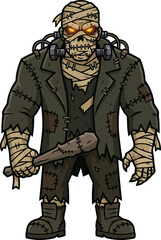 Fototapeta premium Cartoon illustration of a monstrous mummy character holding a wooden club.