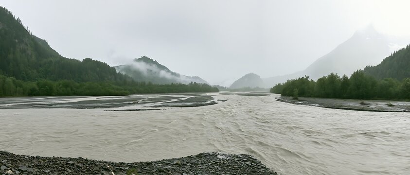 Wide muddy river flows through a mist-covered mountain valley after heavy rain, illustrating flood conditions, extreme weather, runoff and natural disaster risk