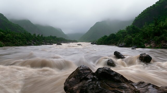 Fast swollen river runs through a misty green mountain gorge after intense rain, illustrating flash flood risk, monsoon weather and hazardous travel conditions