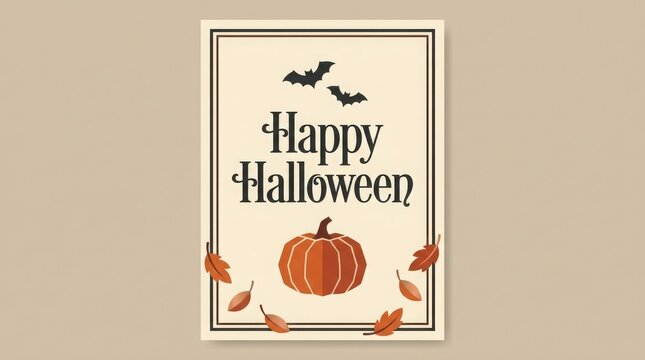 Vintage style happy halloween greeting card design with pumpkin and bats