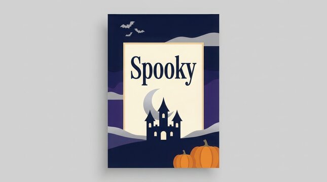 Spooky halloween poster design with a haunted house silhouette and pumpkins under a full moon