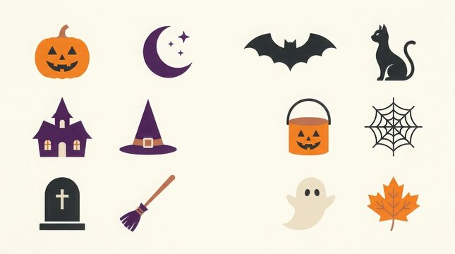 Collection of cute halloween icons featuring pumpkins ghosts bats and spooky elements for seasonal design