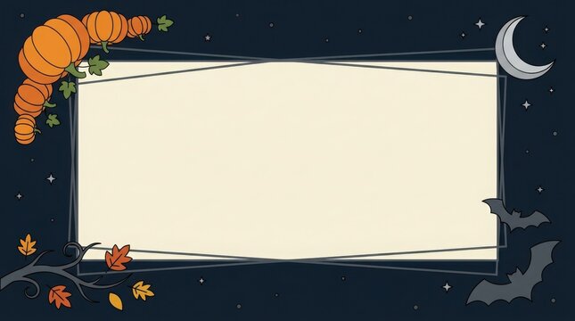 Halloween themed rectangular frame with pumpkins moon and bats on a dark background
