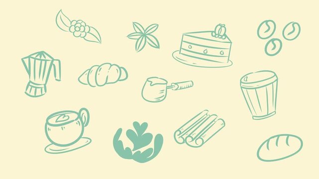 Hand drawn simple motion video cafe line icon vector with blue and beige color accents