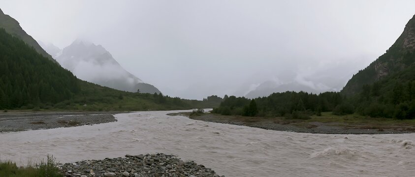 Wide flooded mountain river spreads across a gravel valley beneath mist and rain, showing high water, extreme rainfall, flood risk and severe weather conditions