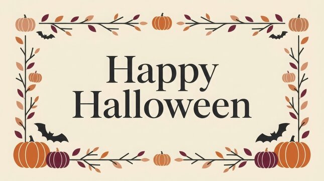 Happy halloween greeting card design with pumpkins and bats on a beige background