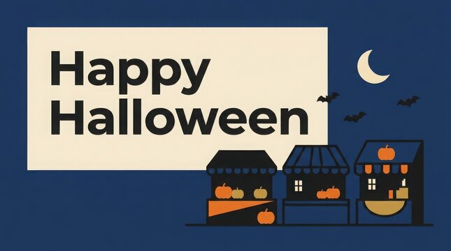 Happy halloween greeting card design with pumpkins and moon on a dark blue background