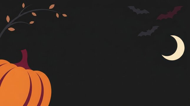 Halloween background with a pumpkin crescent moon and bats on a dark night