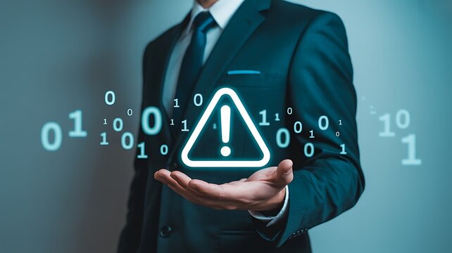 Businessman holding cyber security warning icon with digital binary code data