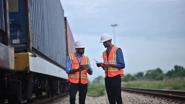 Portrait engineer under inspection and checking construction process railway switch and checking work on railroad station .Engineer wearing safety uniform and safety helmet in work.	