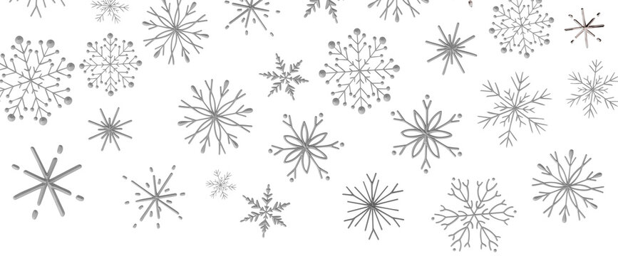 A beautiful collection of delicate silver snowflakes on a clean white background.