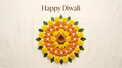 Fototapeta premium Beautiful floral rangoli design with a lit diya lamp for the traditional indian festival of lights happy diwali