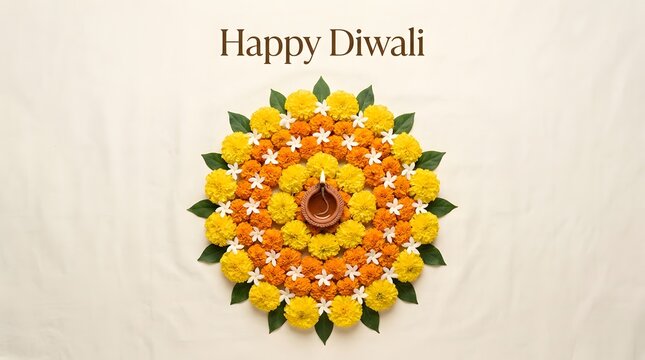 Beautiful floral rangoli design with a lit diya lamp for the traditional indian festival of lights happy diwali