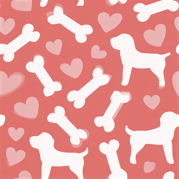 Cute seamless pattern featuring scattered white dog bones and heart shapes on warm coral background, evoking playful affection