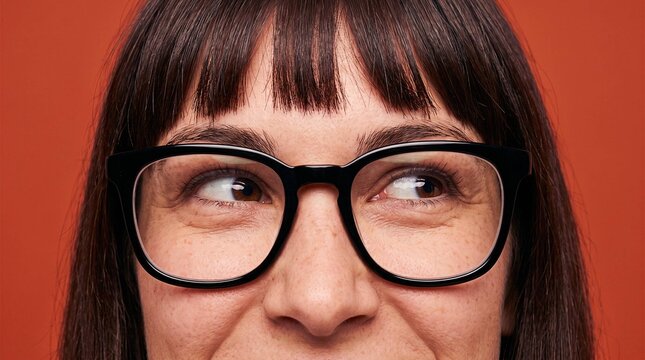 Extreme close-up portrait of woman's eyes behind black glasses