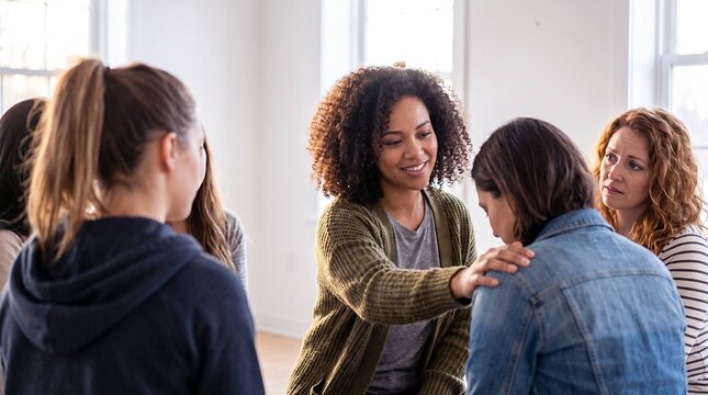 Caring woman comforting friend's shoulder in support group circle