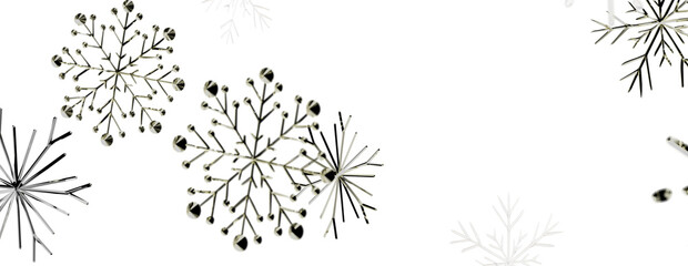 Stylish silver snowflakes floating against a clean white backdrop, perfect for holiday greetings and © vegefox.com