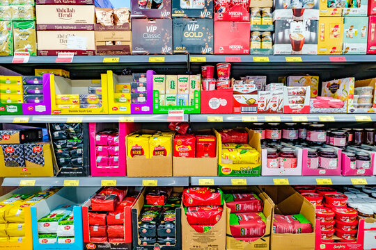 Beldibi, Turkey &ndash; april 30, 2025: rice, tea and other products on supermarket shelves