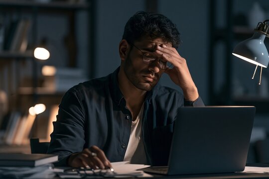 Stressed man holding his forehead while working late at night on a laptop in dark home office