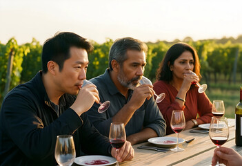 Naklejka premium Wine tasting and social connection, diverse friends enjoying red wine at a vineyard dinner during sunset with outdoor leisure and lifestyle experiences