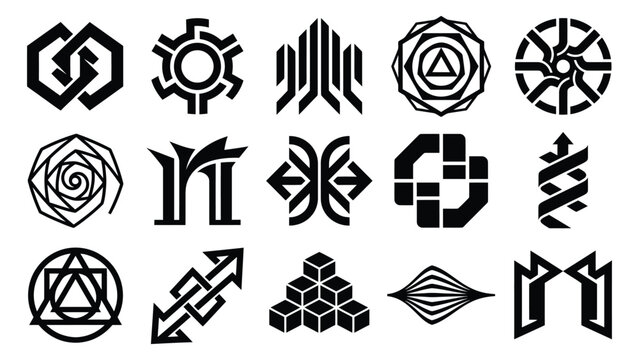 Collection of ancient japanese family crests or mon symbols in black and white
