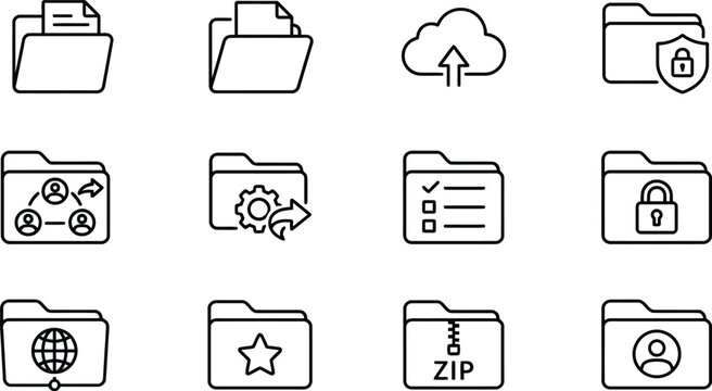 Folder line icons set. File management cloud storage, cyber security shield, open project, share portfolio flat minimal vector illustration. Simple outline signs. Art & Illustration