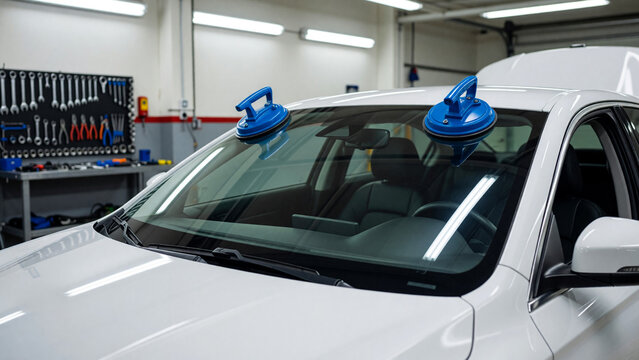 Car windshield installation with suction tools in repair garage, auto maintenance and glass replacement
