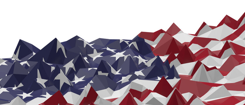 Geometric low poly landscape representing the American flag with mountains and valleys.