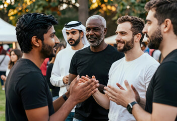 Obraz premium Diversity and inclusion in corporate culture, diverse group of men collaborating and networking at an outdoor community event or professional gathering