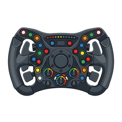 Fototapeta premium Detailed Vector Illustration of a Professional Formula 1 Style Racing Steering Wheel with Colorful Buttons, Rotary Dials, and Paddle Shifters for Sim Racing and Motorsport Use