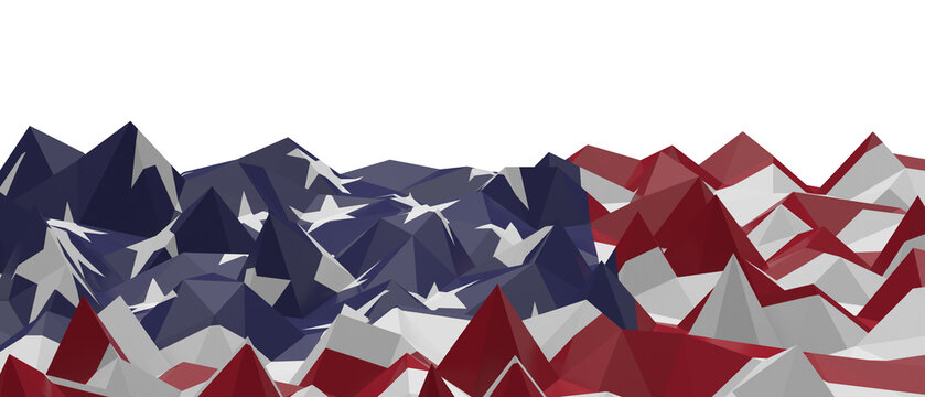 Abstract landscape art resembling American flag colors with mountain peaks.