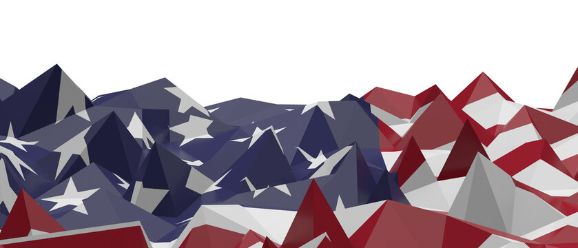 Abstract landscape art depicting mountains with American flag elements, stars, and stripes.