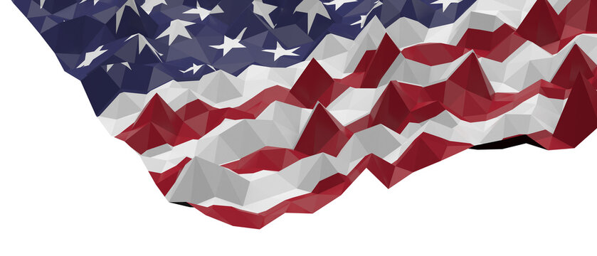 3D render of United States flag with geometric shapes and textures, representing national pride.