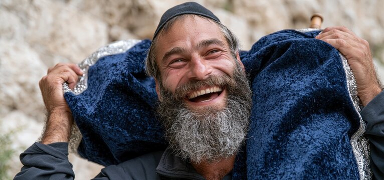 During Simchat Torah near historic stone walls, a Jewish man holds a decorated Torah scroll with a blue velvet cover.