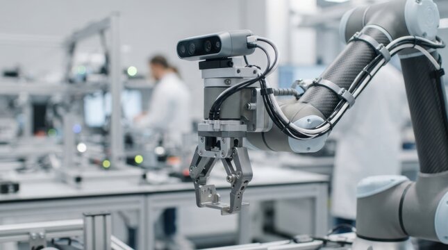 Autonomous robotics research with cobot gripper, depth camera, carbon-fiber chassis, and cable loom in a clean lab