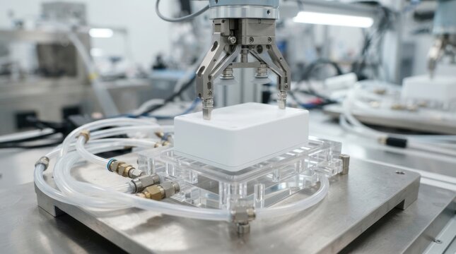 Robotic gripper placing a white plastic enclosure into a sterile assembly nest with vacuum lines and fixtures