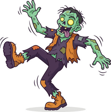 Cartoon illustration of a happy green zombie dancing and having fun.