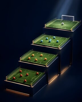 sports football tournament progression displayed on tiered miniature pitches