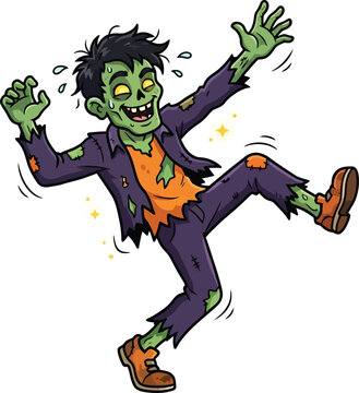 Cartoon illustration of a happy dancing zombie wearing tattered clothes.