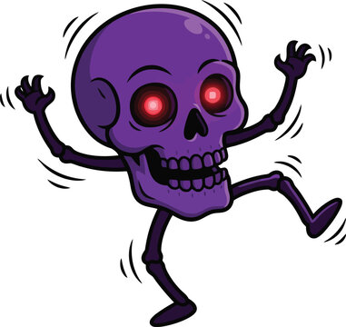 A cartoon purple skull character dancing with glowing red eyes.