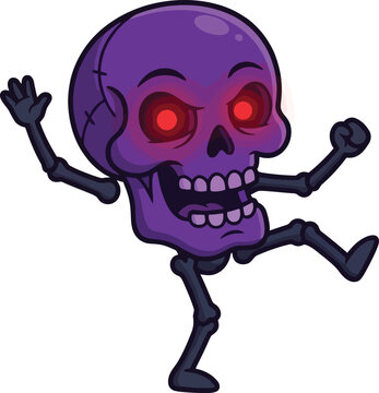 A cartoon purple skeleton character with glowing red eyes dancing happily.