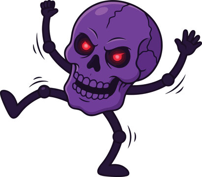 A cartoon purple skull character dancing with glowing red eyes.