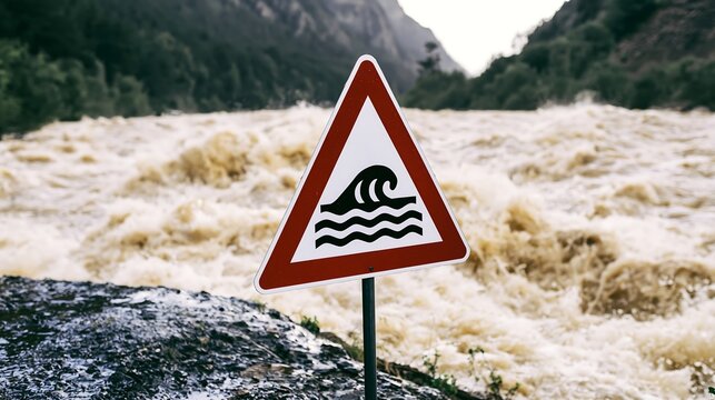 Warning sign against violent floodwater in a mountain valley symbolizes El Nino related extreme rainfall, dangerous river flooding and severe weather hazards