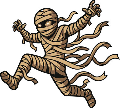 Cartoon illustration of a running mummy wrapped in bandages.