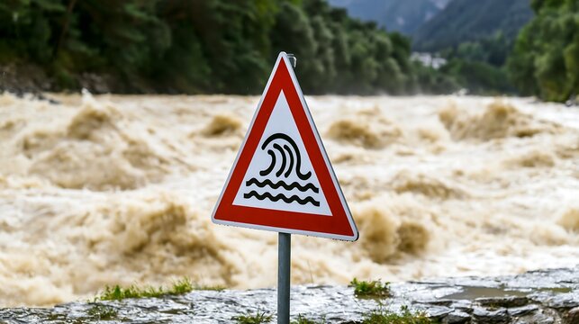 Flood warning sign stands beside a raging muddy mountain river, illustrating extreme rainfall, El Nino weather impacts, flash flooding and climate disaster risk