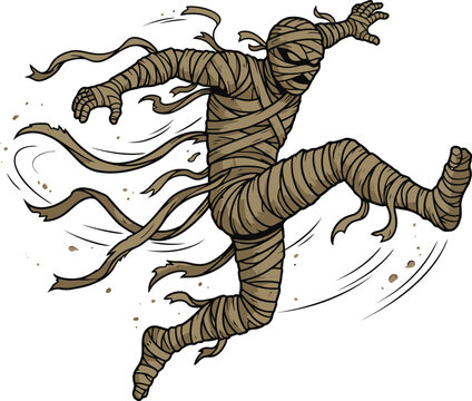 A dynamic illustration of an ancient Egyptian mummy running forward with bandages trailing.