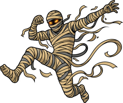 A dynamic illustration of a mummy character leaping forward with glowing eyes.