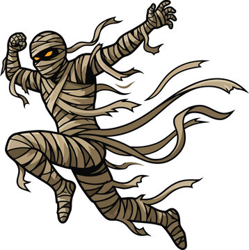 A dynamic cartoon mummy leaping forward with flowing bandages.